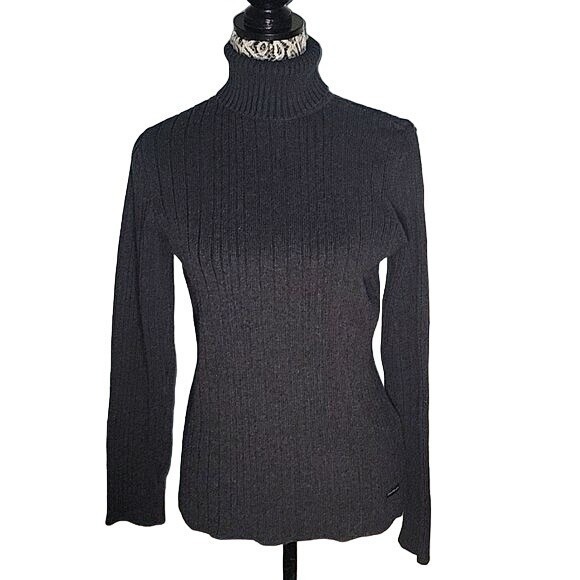 CALVIN KLEIN‎ Women's Ribbed Turtleneck S Grey Winter Warm Casual Academia - Picture 2 of 6